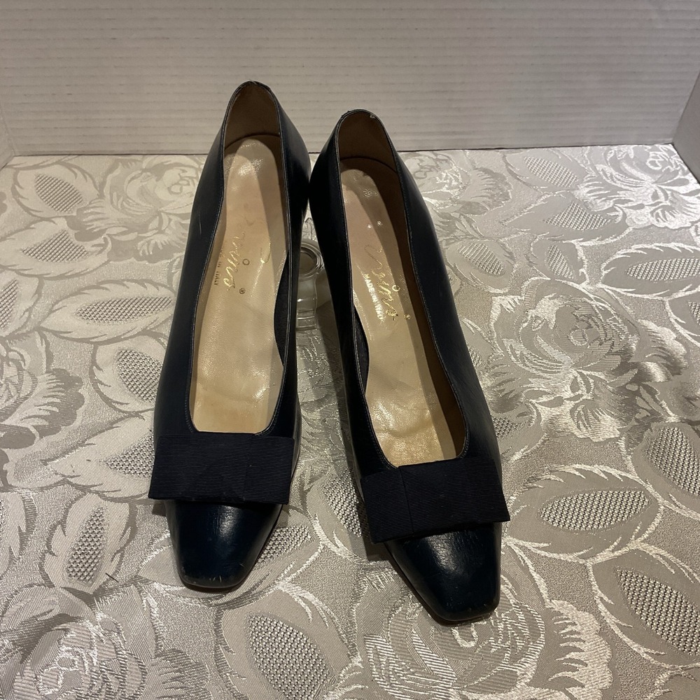 Evins Pumps Women 8 Blue Good Leather Square Toe Grosgrain Bow Made in Italy